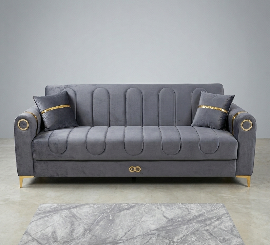 Grey Velvet Sofabed with Gold Accents