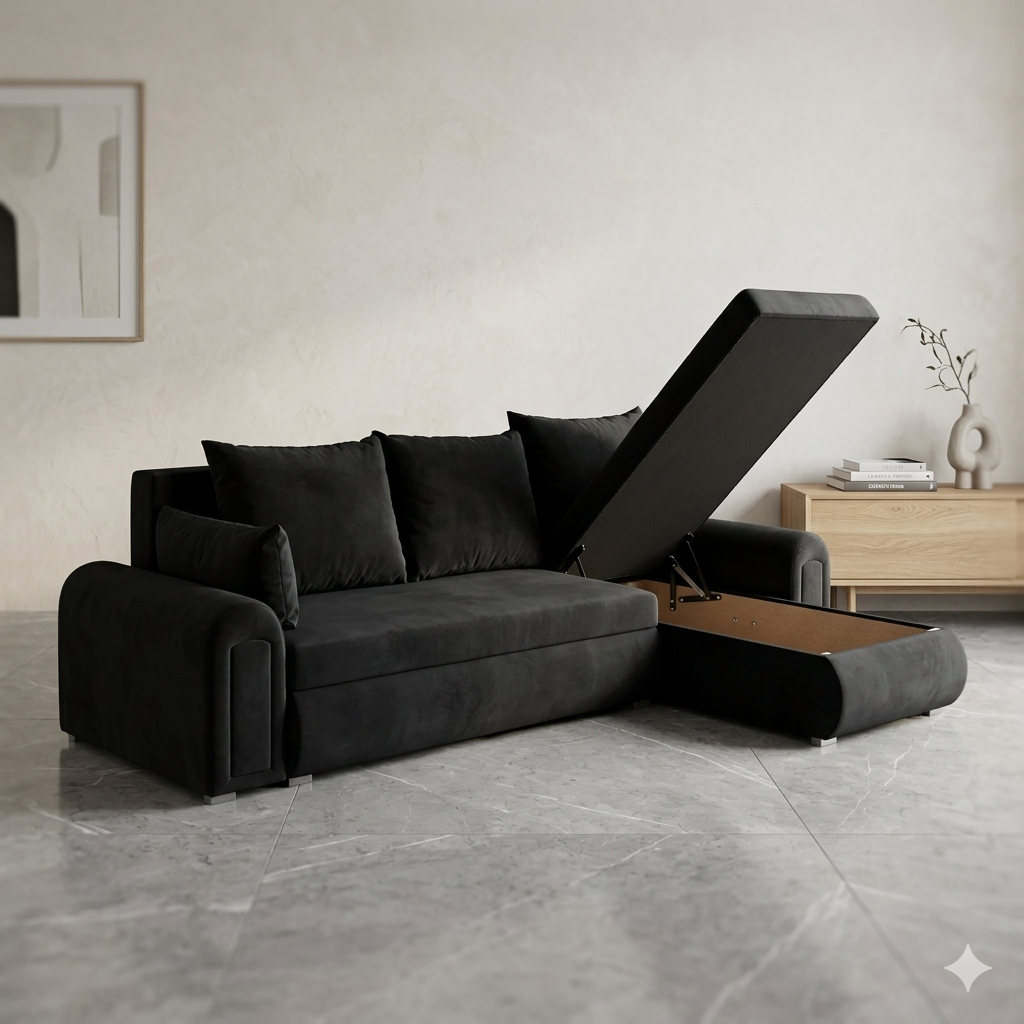 Universal Corner SofaBed with Double Storage - Black