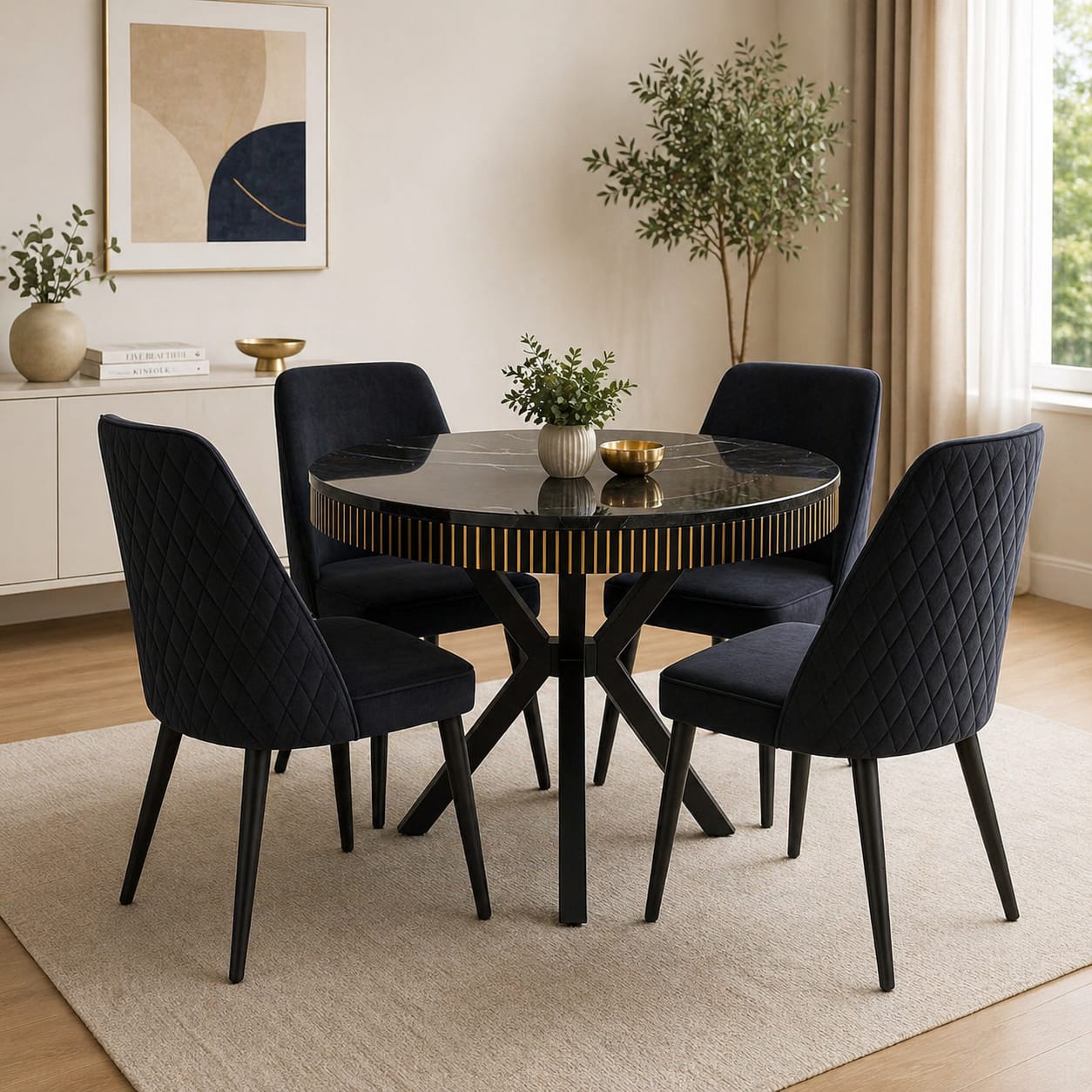 Modern Black Round Dining Table Set with 4 Quilted Velvet Chairs
