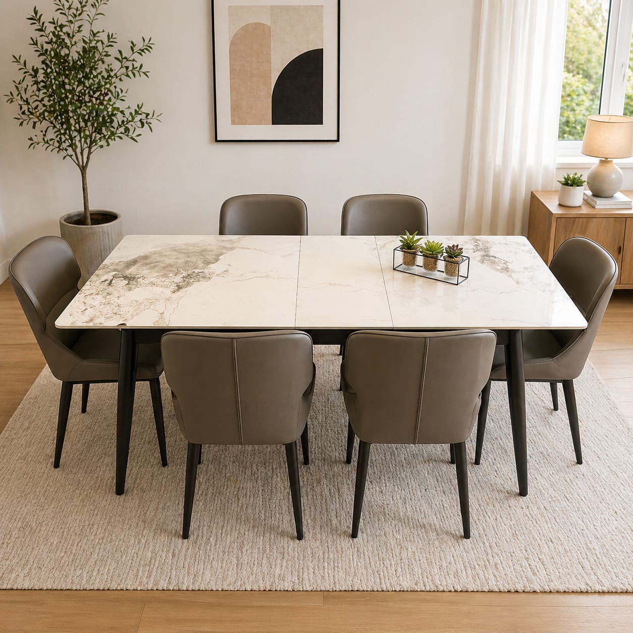 Ceramic Dining Table with 6 Chairs – Beige Upholstered Chairs & Black Legs