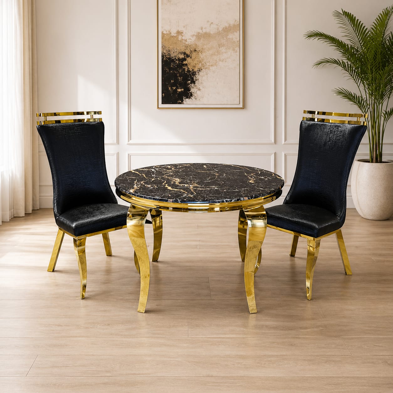 Round Black & Gold Marble Top Dining Table with 4 Black Chairs