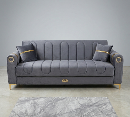Grey Velvet Sofabed with Gold Accents