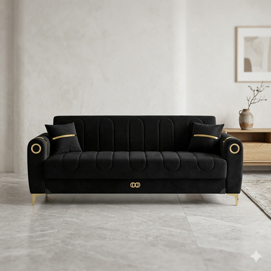 Elegant Black Velvet Sofa with Gold Accents 3 Seater