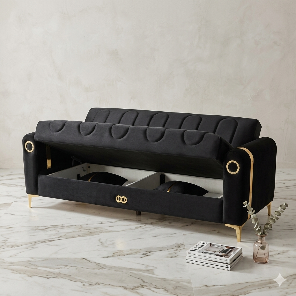 Elegant Black Velvet Sofa with Gold Accents 3 Seater