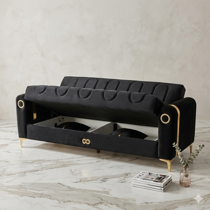 Elegant Black Velvet Sofa with Gold Accents 3 Seater