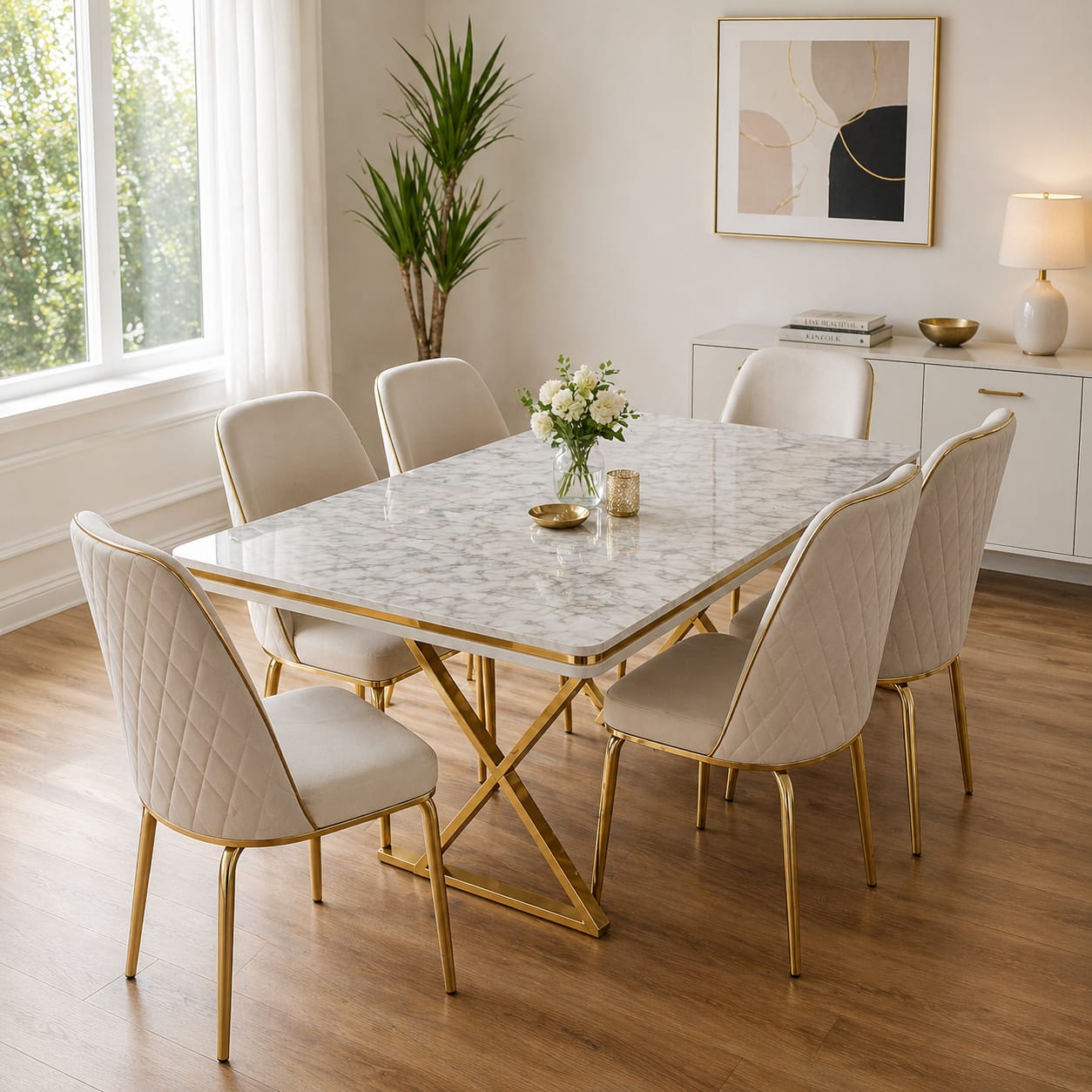 Turkish Marble Effect Dining Table with 6 Velvet Chairs