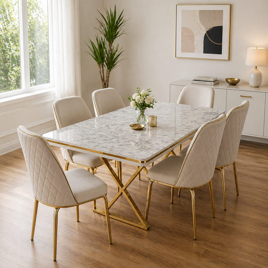 Turkish Marble Effect Dining Table with 6 Velvet Chairs