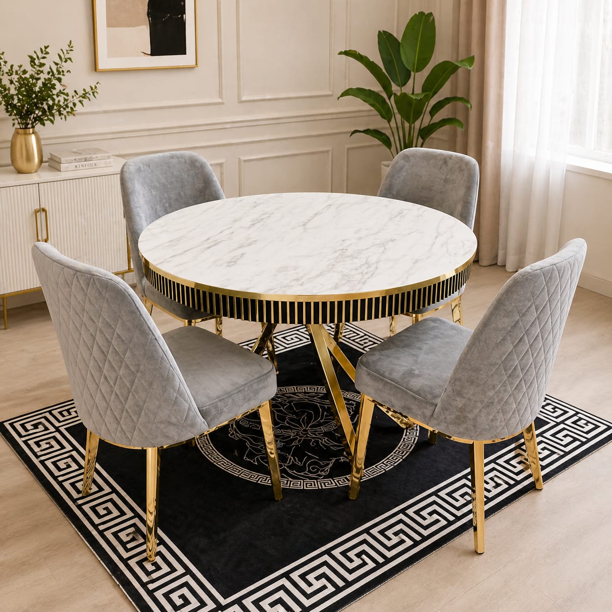 Luxury Round Marble Dining Table Set with 4 Velvet Chairs – Gold Base Modern Dining Set