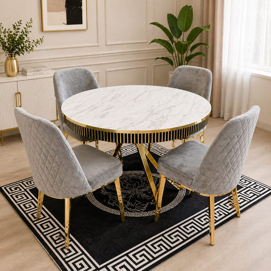 Luxury Round Marble Dining Table Set with 4 Velvet Chairs – Gold Base Modern Dining Set