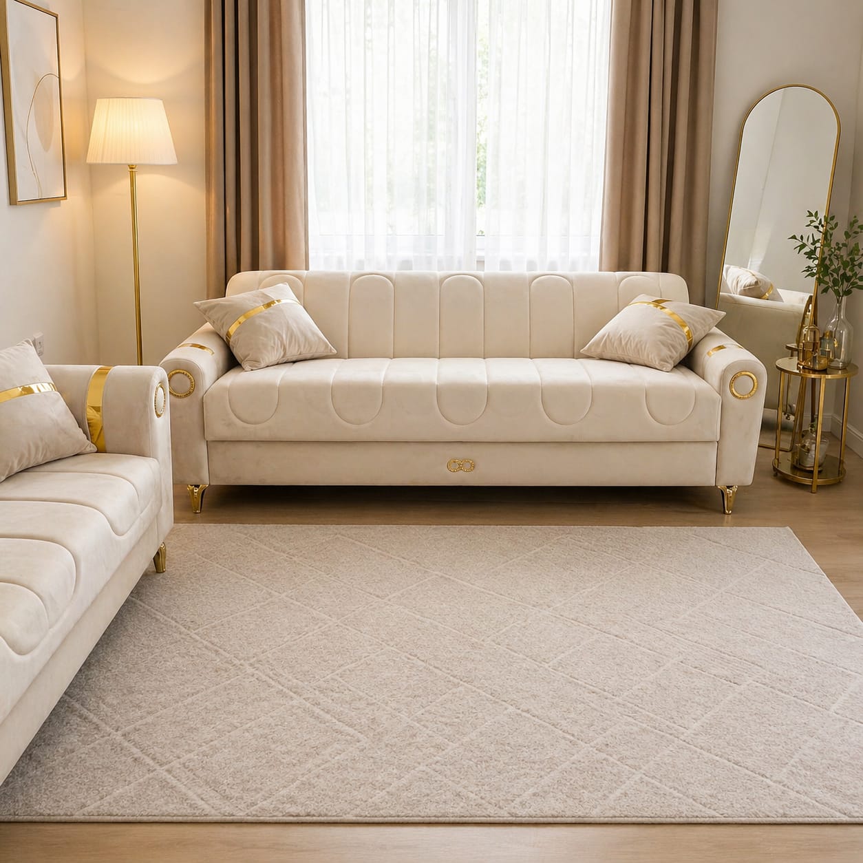 Luxury Beige Velvet Sofabed with Gold Accents 3 Seater – Modern & Elegant Design