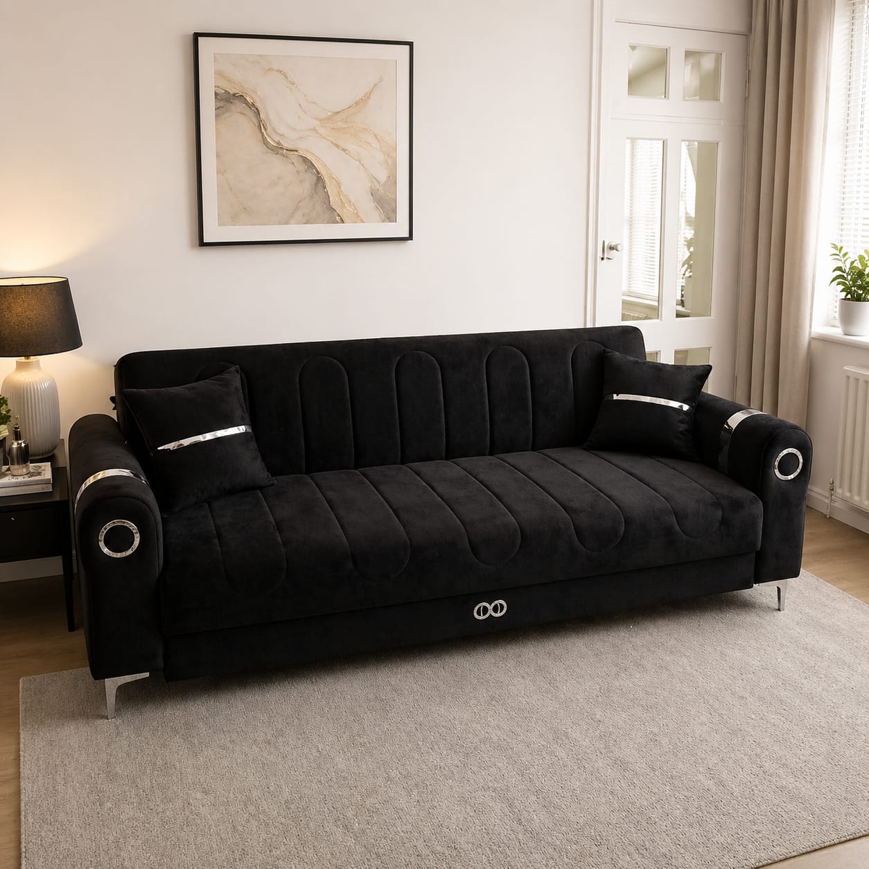 Elegant Black Velvet Sofa with Silver Accents 3 Seater