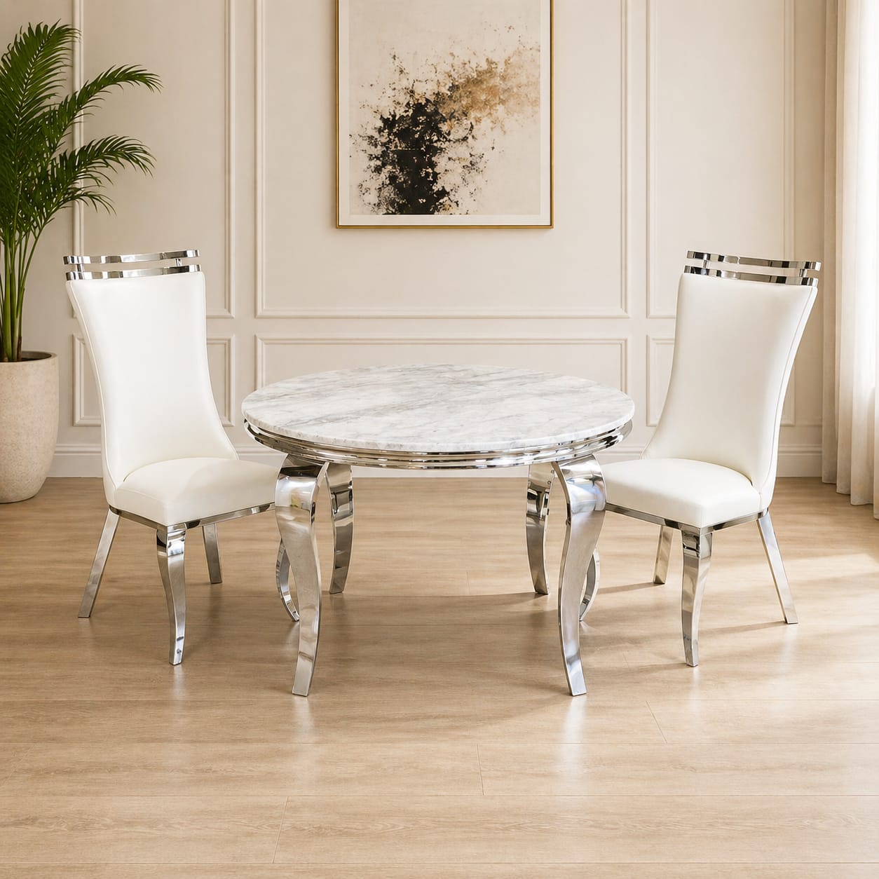 Modern Regency Round Marble Table with 4 Sleek White High-Back Chairs