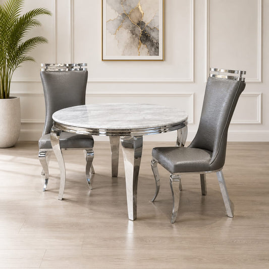 Round White Marble Top with 4 High-Back Textured Grey & Silver Chairs