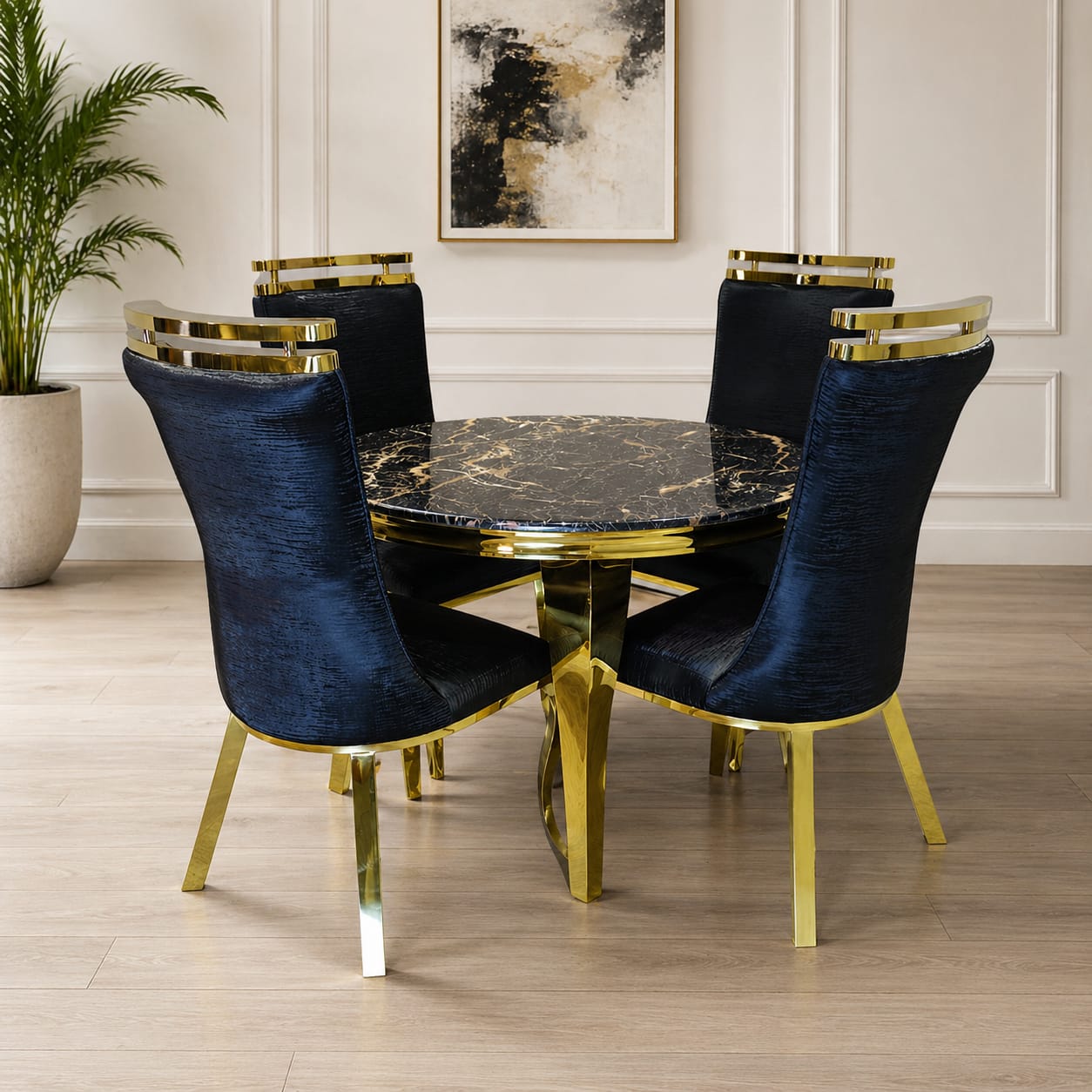 Round Black Marble Top Table with 4 Navy Velvet High-Back Chairs
