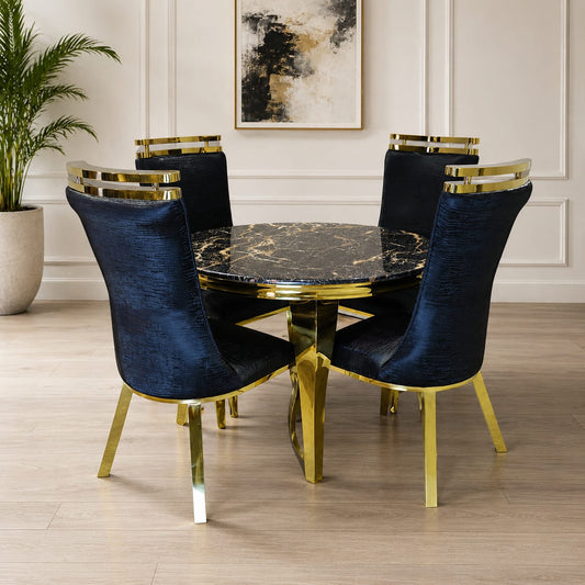 Round Black Marble Top Table with 4 Navy Velvet High-Back Chairs
