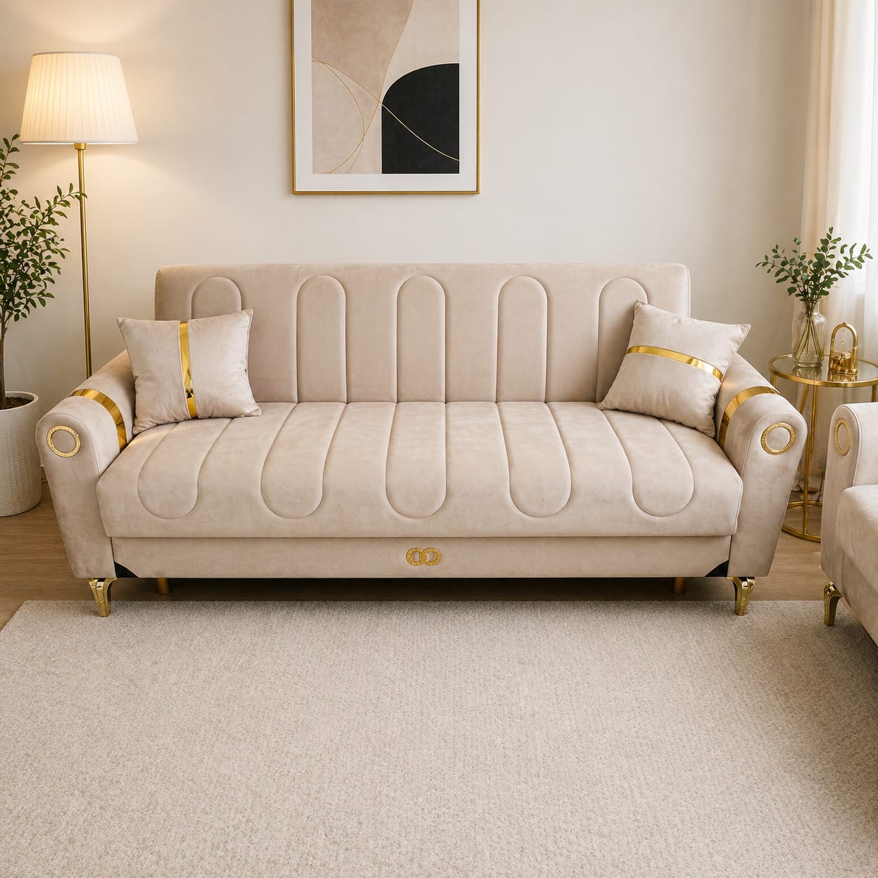 Luxury Beige Velvet Sofabed with Gold Accents 3 Seater – Modern & Elegant Design